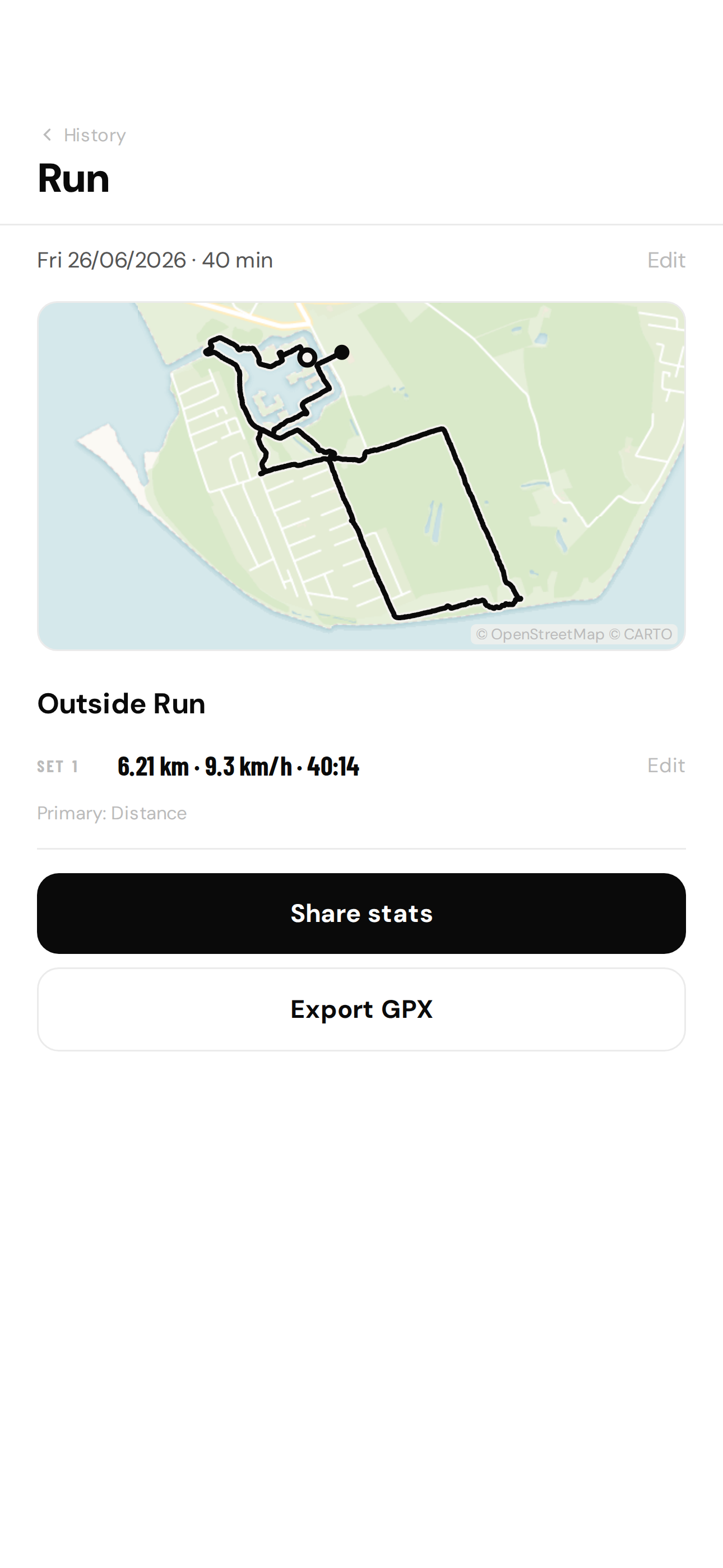 The History run screen: a recorded run traced over a real map, with distance, pace, and a GPX export.