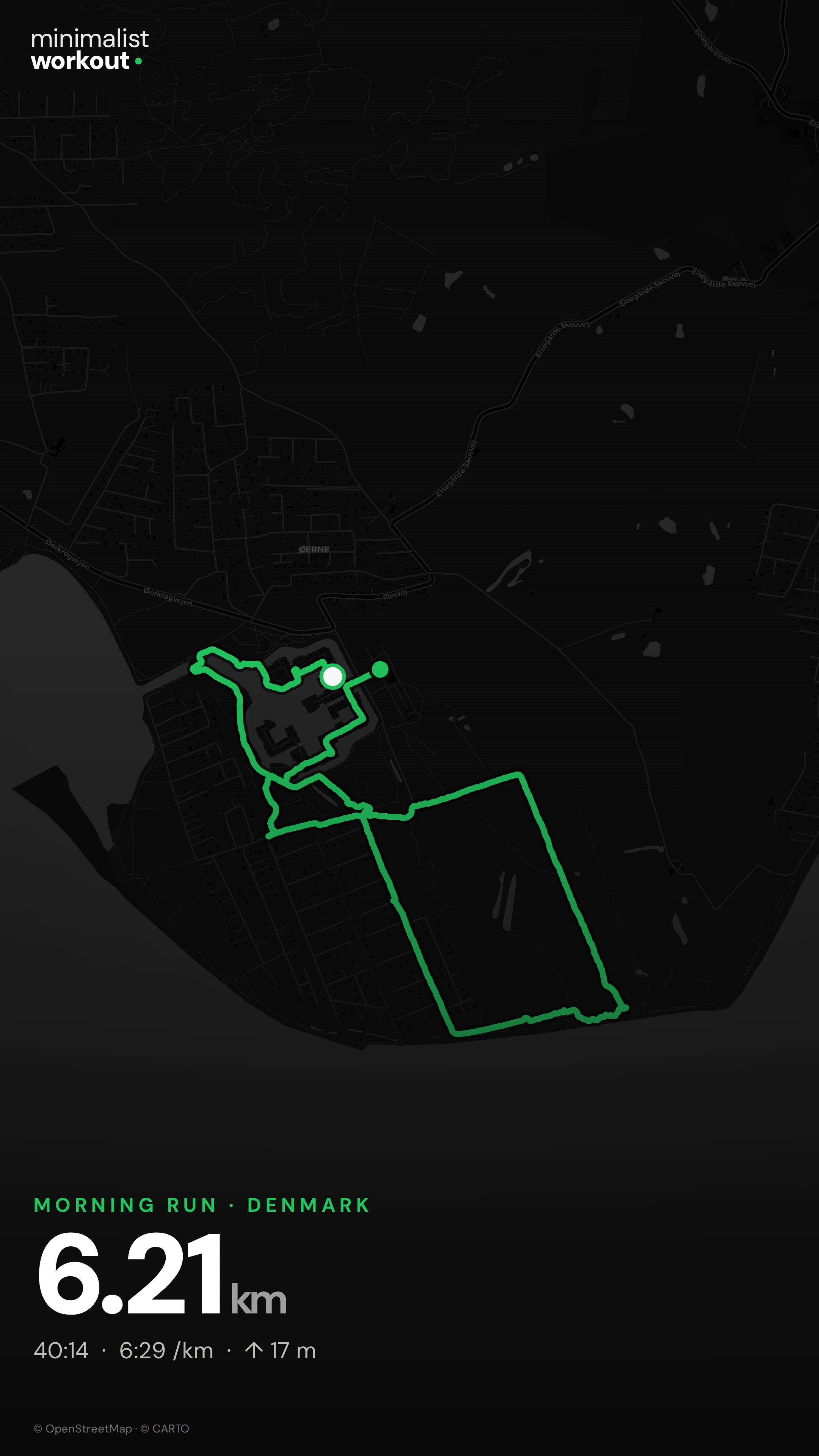 A run traced in green over a dark map — 6.21 km recorded by GPS.